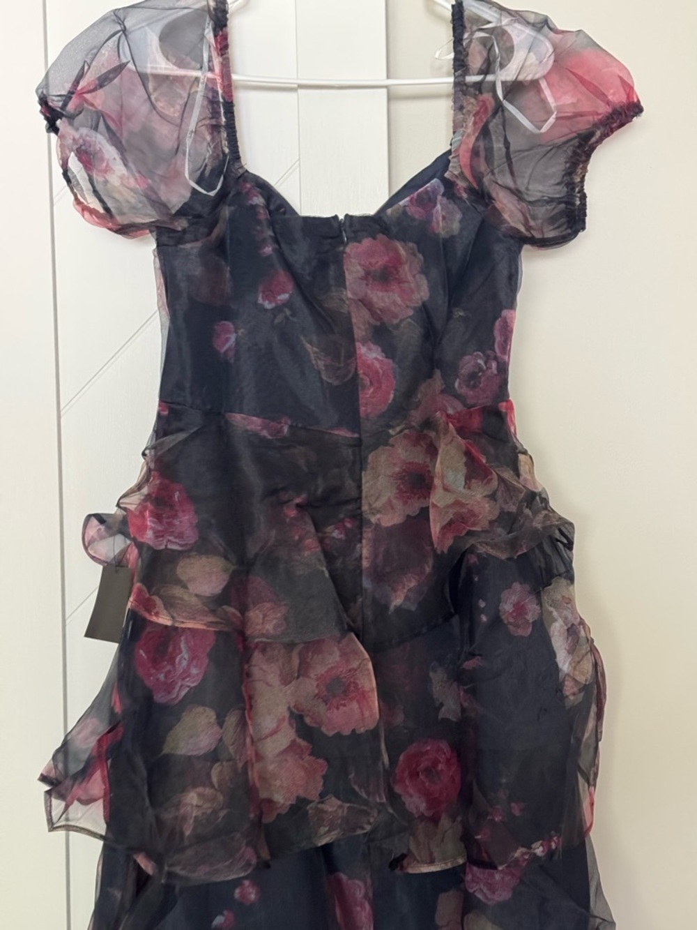 Lulus Navy Floral Organza Tiered Midi Dress Puff Sleeve Size XS NWT - Picture 10 of 10